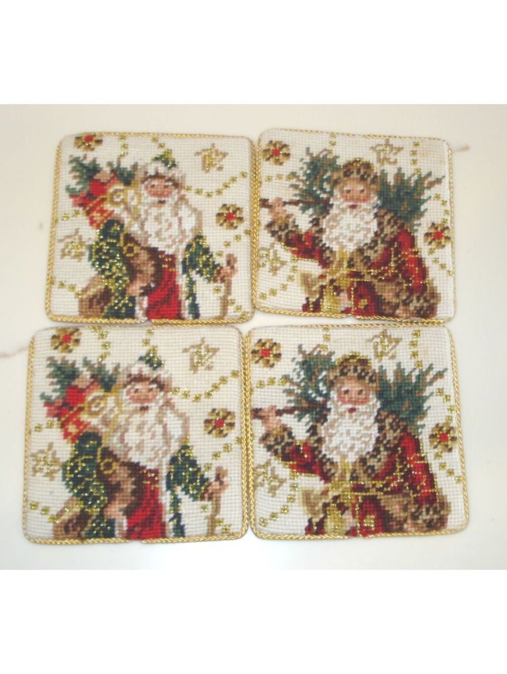 Vintage Needlepoint Santa Claus Christmas Coasters 2 Sets Of 4 (8 Total)